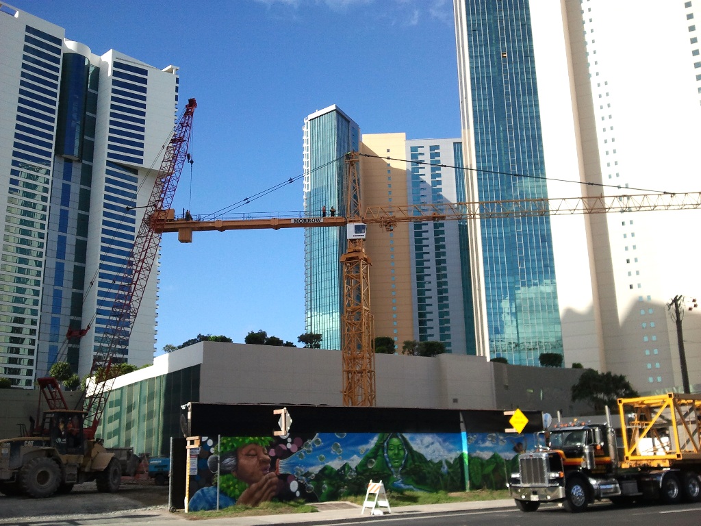 Huge cranes and new construction in Ala Moana and Kaka'ako areas