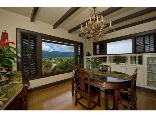 Dining room with stunning valley views & original built in buffe